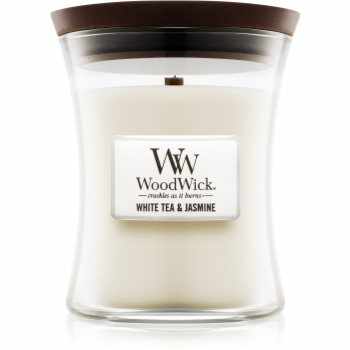 Woodwick White Tea & Jasmine lumânare parfumată cu fitil din lemn