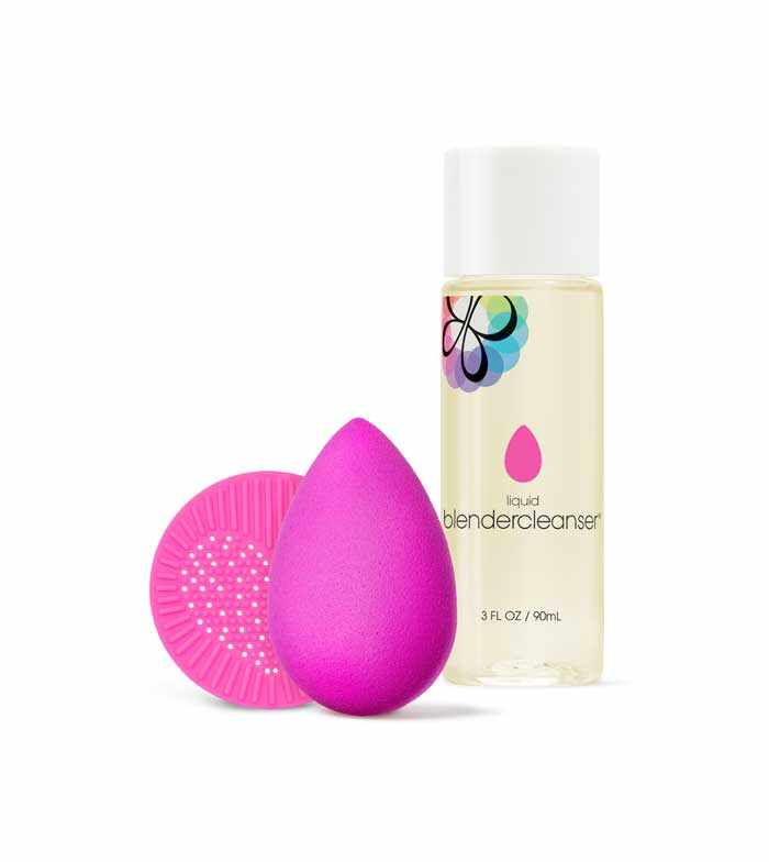 Beauty Blender Base Station Essentials Set: Violet Makeup Sponge + Liquid Blender Cleanser + Cleansing Mat