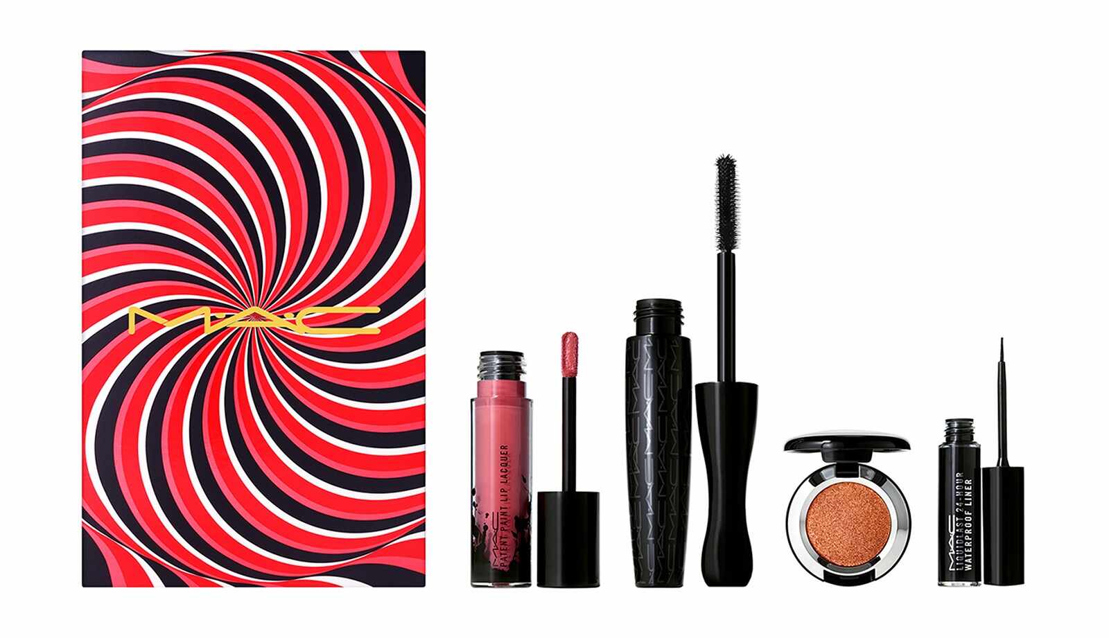 Mac Ace Your Face Look In A Box Neutral Eyes And Lips Set: Patent Paint Lip Lacquer + Dazzleshadow Extreme Couture Cooper + Liquidlast 24-Hour Waterproof Linerblack + In Extreme Dimension 3D Black Lash Mascara